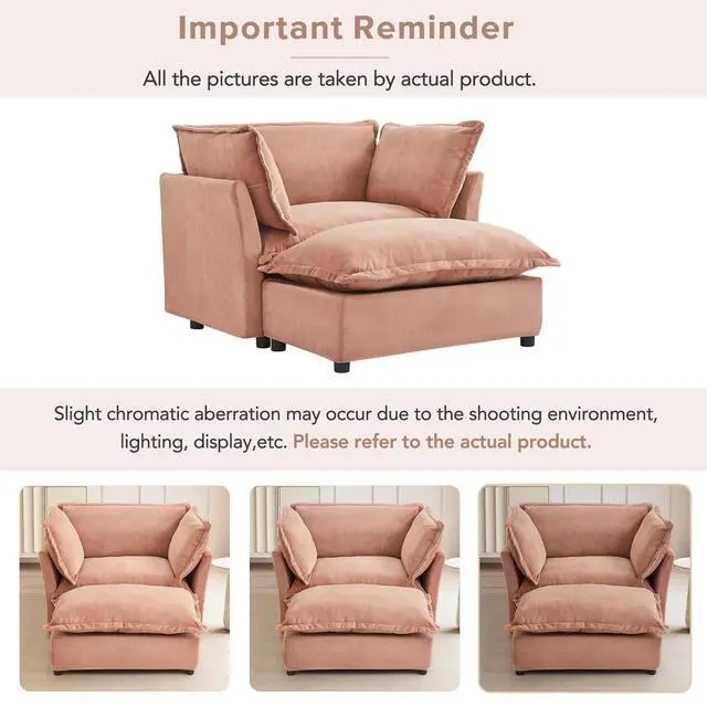 Alt view image 7 of 7 - Modern Armchair Sofa 47" Cozy Upholstered Sofa Chair with Movable Ottoman, Wide Seat, Curved Armrests and Soft Pillows for Living Room, Bedroom, Pink