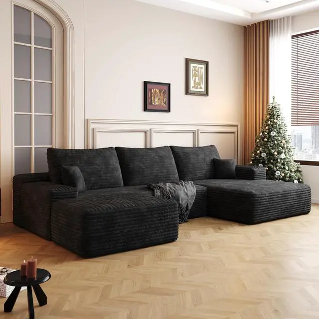 Main image of 107" Cloud Sectional Sofa with 1 Ottoman,Modern Minimalist Upholstered Couches,Comfort U Shaped Sofa for Living Room,Deep Seat Corner Couch,No Assembly Required,Black (Plush Corduroy Fabric)