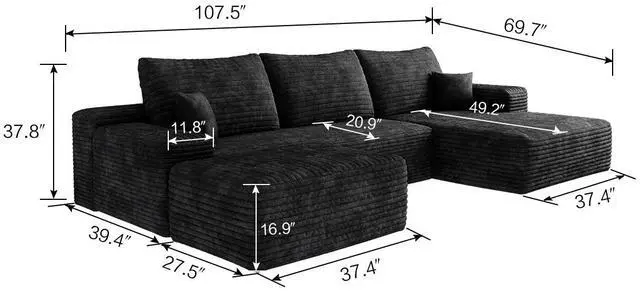 Alt view image 6 of 7 - 107" Cloud Sectional Sofa with 1 Ottoman,Modern Minimalist Upholstered Couches,Comfort U Shaped Sofa for Living Room,Deep Seat Corner Couch,No Assembly Required,Black (Plush Corduroy Fabric)