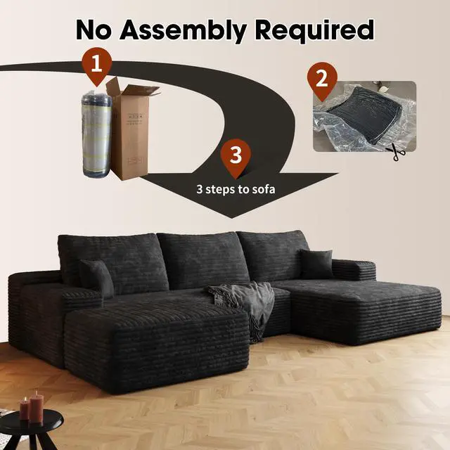 Alt view image 5 of 7 - 107" Cloud Sectional Sofa with 1 Ottoman,Modern Minimalist Upholstered Couches,Comfort U Shaped Sofa for Living Room,Deep Seat Corner Couch,No Assembly Required,Black (Plush Corduroy Fabric)