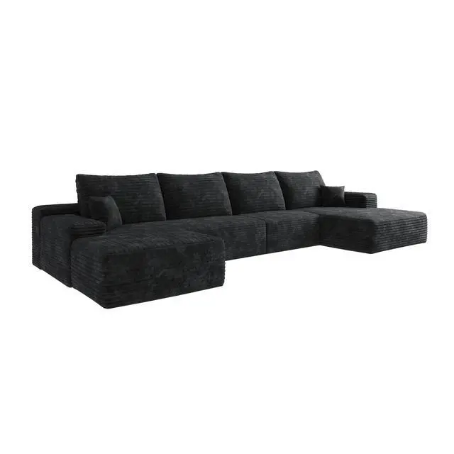 Alt view image 7 of 7 - 107" Cloud Sectional Sofa with 1 Ottoman,Modern Minimalist Upholstered Couches,Comfort U Shaped Sofa for Living Room,Deep Seat Corner Couch,No Assembly Required,Black (Plush Corduroy Fabric)