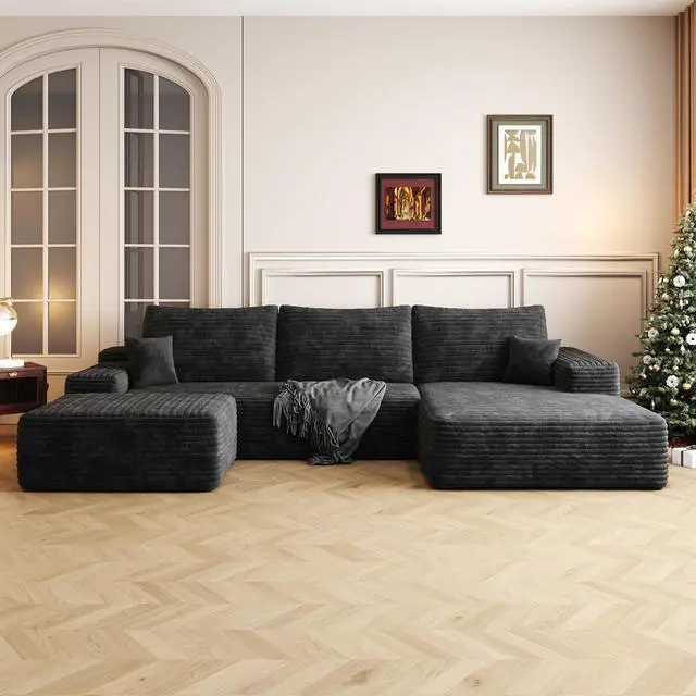 Alt view image 2 of 7 - 107" Cloud Sectional Sofa with 1 Ottoman,Modern Minimalist Upholstered Couches,Comfort U Shaped Sofa for Living Room,Deep Seat Corner Couch,No Assembly Required,Black (Plush Corduroy Fabric)