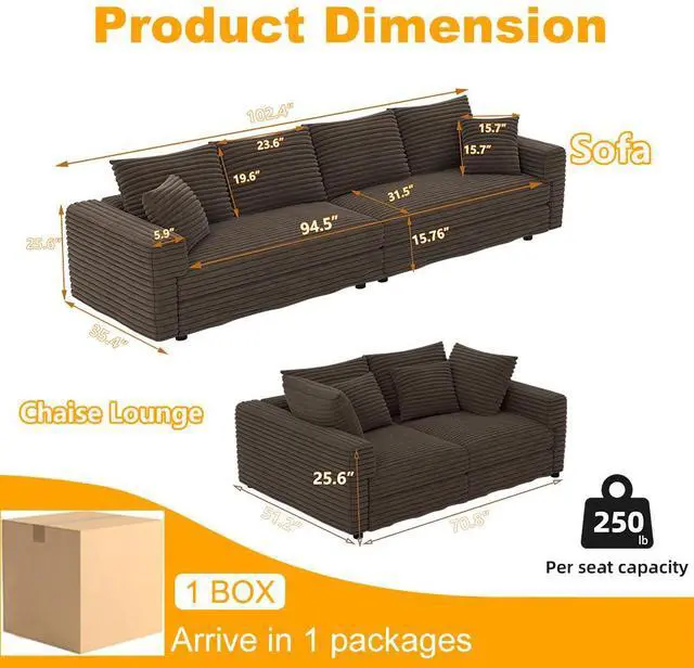 Alt view image 5 of 7 - 102.4 " Plush Corduroy 4-Seat Sofa,Modern Comfy Upholstered Sofa Cloud Couch,Deep Seat Couches with Soft Pillows,Convertible Deep Seat Sofa Lounge Chair for Living Room Bedroom,Apartment,Office,Camel