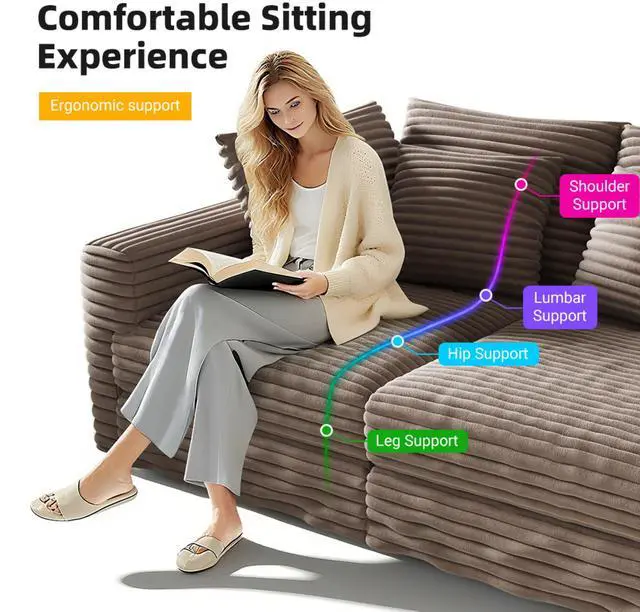 Alt view image 7 of 7 - 102.4 " Plush Corduroy 4-Seat Sofa,Modern Comfy Upholstered Sofa Cloud Couch,Deep Seat Couches with Soft Pillows,Convertible Deep Seat Sofa Lounge Chair for Living Room Bedroom,Apartment,Office,Camel