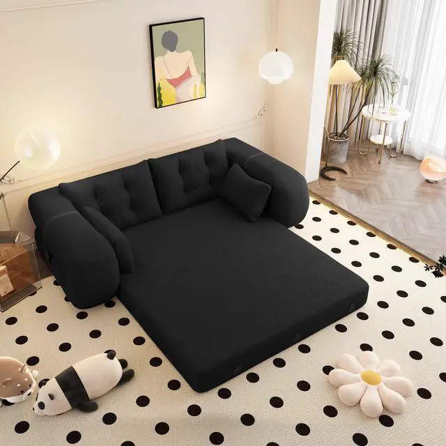Alt view image 2 of 7 - Human Dog Bed, Lazy Sofa Couch, 78.7" Multi-Functional Foldable Sofa Bed, 3-in-1 Teddy Fabric Foam-Filled Sleeper Sofa Bed for Living Room,Guest Bed,Playroom,Black