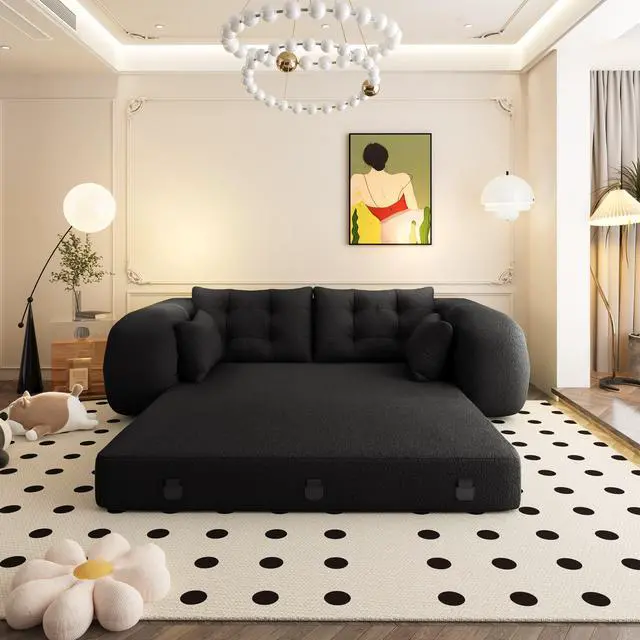 Alt view image 6 of 7 - Human Dog Bed, Lazy Sofa Couch, 78.7" Multi-Functional Foldable Sofa Bed, 3-in-1 Teddy Fabric Foam-Filled Sleeper Sofa Bed for Living Room,Guest Bed,Playroom,Black