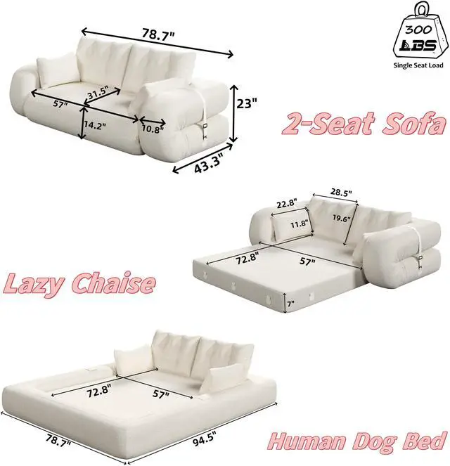 Alt view image 7 of 7 - Human Dog Bed, Lazy Sofa Couch, 78.7" Multi-Functional Foldable Sofa Bed, 3-in-1 Teddy Fabric Foam-Filled Sleeper Sofa Bed for Living Room,Guest Bed,Playroom,Black
