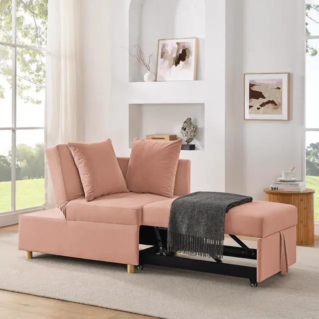 Alt view image 2 of 7 - Convertible Sleeper Sofa Chair Adjustable Backrest Recliner with Pullout Sofa Bed with Wheels, Modern Linen Fabric for Living Room for Tight Spaces, Pink