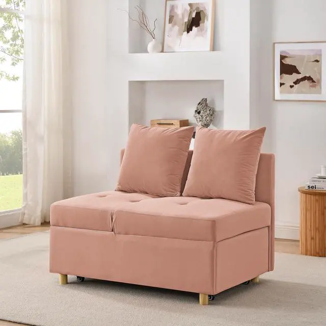 Alt view image 3 of 7 - Convertible Sleeper Sofa Chair Adjustable Backrest Recliner with Pullout Sofa Bed with Wheels, Modern Linen Fabric for Living Room for Tight Spaces, Pink