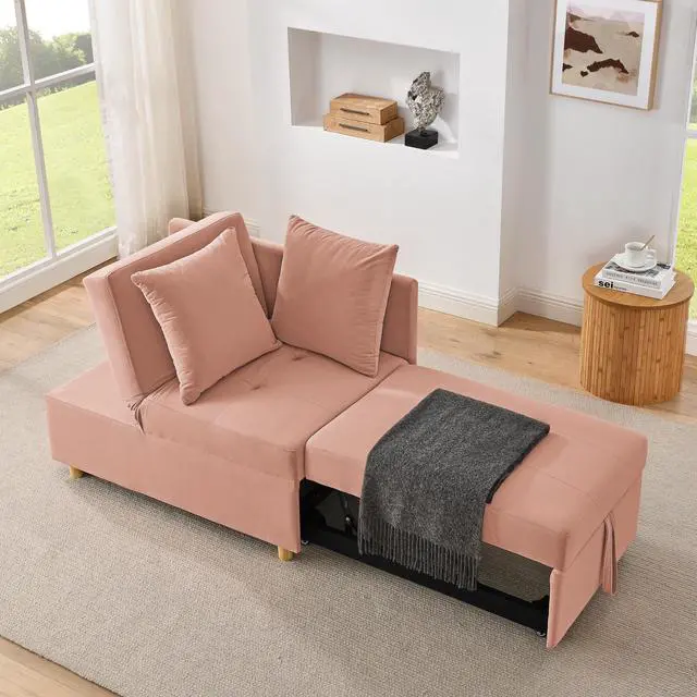 Main image of Convertible Sleeper Sofa Chair Adjustable Backrest Recliner with Pullout Sofa Bed with Wheels, Modern Linen Fabric for Living Room for Tight Spaces, Pink