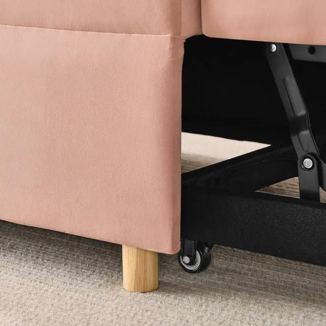 Alt view image 6 of 7 - Convertible Sleeper Sofa Chair Adjustable Backrest Recliner with Pullout Sofa Bed with Wheels, Modern Linen Fabric for Living Room for Tight Spaces, Pink