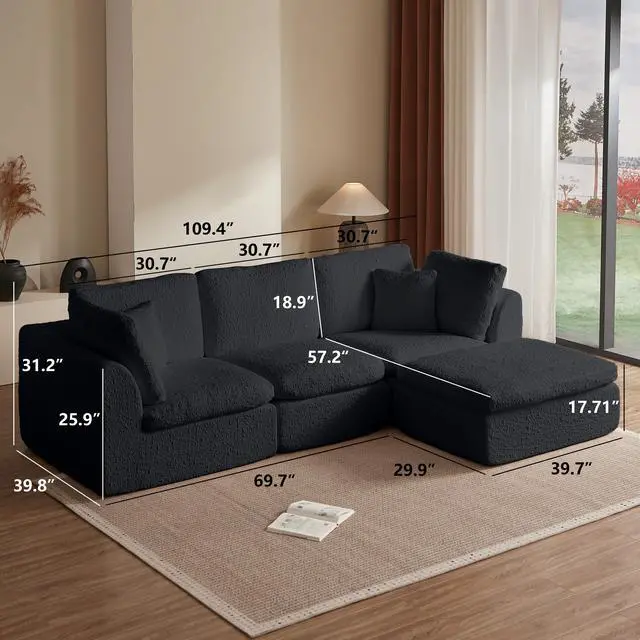 Alt view image 2 of 6 - 110" Cloud Sectional Couches for Living Room, Convertible L-Shape Couch with Ottoman, 3 Seater Modular Sectional Sofa, Black