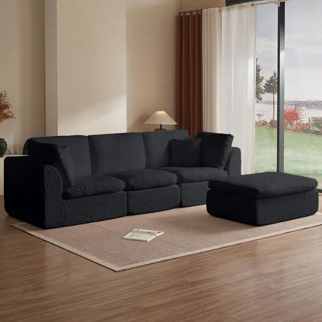 Alt view image 3 of 6 - 110" Cloud Sectional Couches for Living Room, Convertible L-Shape Couch with Ottoman, 3 Seater Modular Sectional Sofa, Black