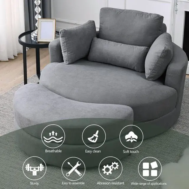 Alt view image 6 of 6 - [Video] Welike Swivel Accent Barrel Modern Dark Grey Sofa Lounge Club Big Round Chair with Storage Ottoman Linen Fabric for Living Room Hotel with Pillows,2PCS.