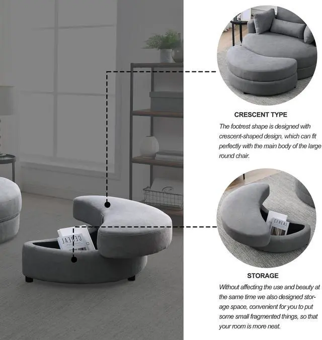 Alt view image 5 of 6 - [Video] Welike Swivel Accent Barrel Modern Dark Grey Sofa Lounge Club Big Round Chair with Storage Ottoman Linen Fabric for Living Room Hotel with Pillows