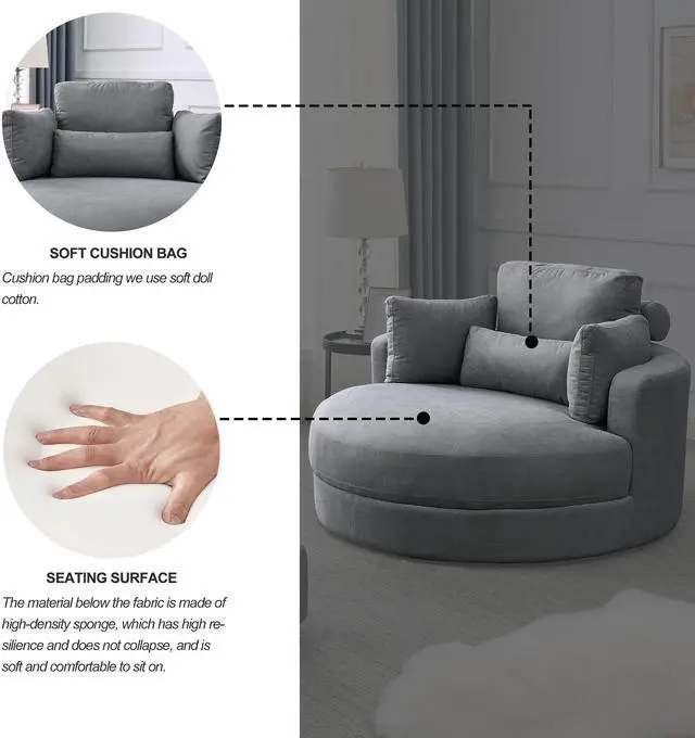 Alt view image 6 of 6 - [Video] Welike Swivel Accent Barrel Modern Dark Grey Sofa Lounge Club Big Round Chair with Storage Ottoman Linen Fabric for Living Room Hotel with Pillows