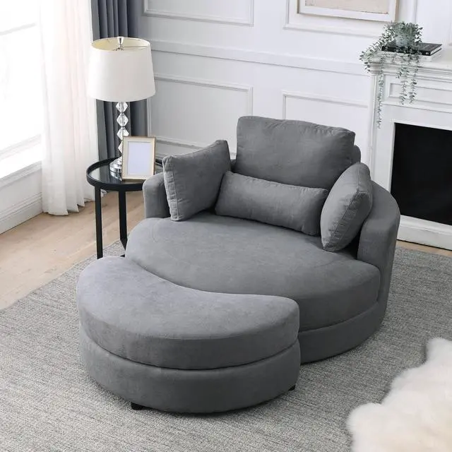 Alt view image 3 of 6 - [Video] Welike Swivel Accent Barrel Modern Dark Grey Sofa Lounge Club Big Round Chair with Storage Ottoman Linen Fabric for Living Room Hotel with Pillows,2PCS.