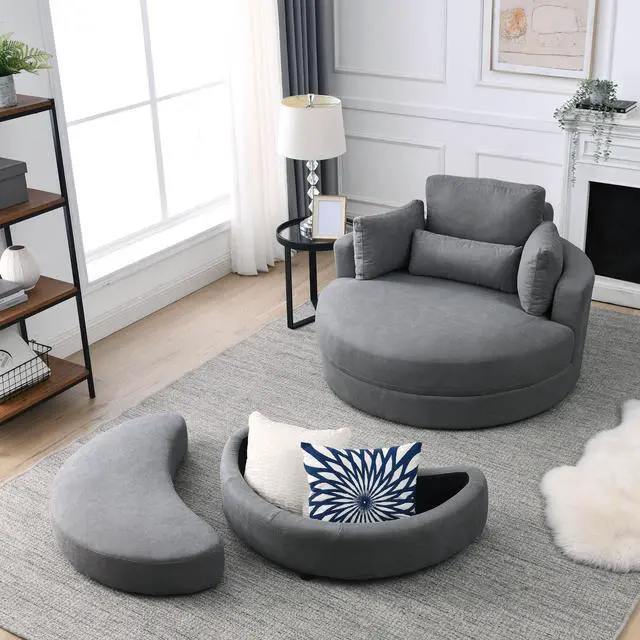 Alt view image 5 of 6 - [Video] Welike Swivel Accent Barrel Modern Dark Grey Sofa Lounge Club Big Round Chair with Storage Ottoman Linen Fabric for Living Room Hotel with Pillows,2PCS.