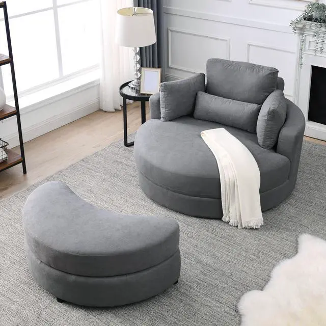 Alt view image 4 of 6 - [Video] Welike Swivel Accent Barrel Modern Dark Grey Sofa Lounge Club Big Round Chair with Storage Ottoman Linen Fabric for Living Room Hotel with Pillows,2PCS.