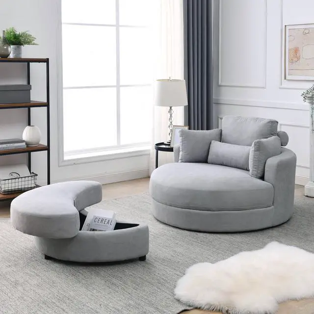 Main image of [Video] Welike Swivel Accent Barrel Modern Grey Sofa Lounge Club Big Round Chair with Storage Ottoman Linen Fabric for Living Room Hotel with Pillows