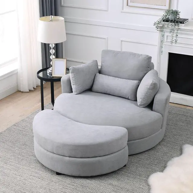 Alt view image 2 of 7 - [Video] Welike Swivel Accent Barrel Modern Grey Sofa Lounge Club Big Round Chair with Storage Ottoman Linen Fabric for Living Room Hotel with Pillows