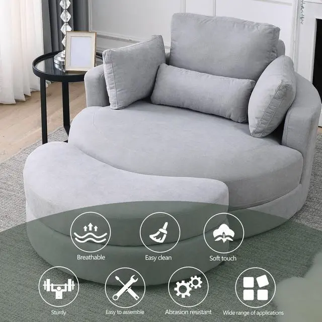 Alt view image 5 of 7 - [Video] Welike Swivel Accent Barrel Modern Grey Sofa Lounge Club Big Round Chair with Storage Ottoman Linen Fabric for Living Room Hotel with Pillows
