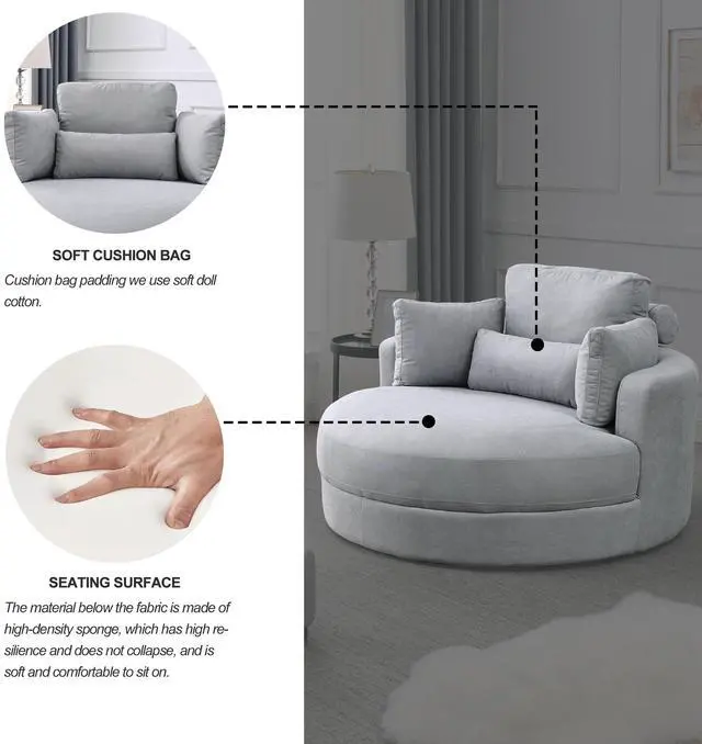 Alt view image 7 of 7 - [Video] Welike Swivel Accent Barrel Modern Grey Sofa Lounge Club Big Round Chair with Storage Ottoman Linen Fabric for Living Room Hotel with Pillows