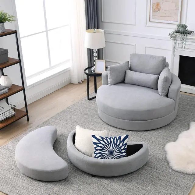 Alt view image 4 of 7 - [Video] Welike Swivel Accent Barrel Modern Grey Sofa Lounge Club Big Round Chair with Storage Ottoman Linen Fabric for Living Room Hotel with Pillows