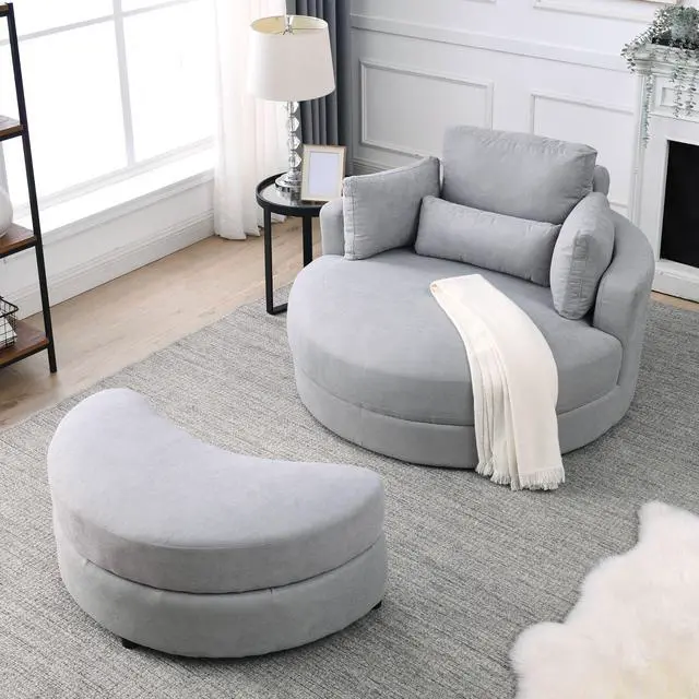 Alt view image 3 of 7 - [Video] Welike Swivel Accent Barrel Modern Grey Sofa Lounge Club Big Round Chair with Storage Ottoman Linen Fabric for Living Room Hotel with Pillows