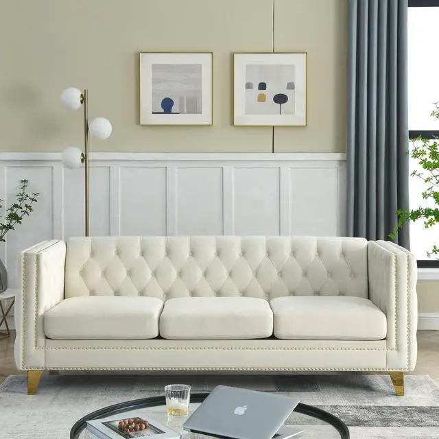 Alt view image 7 of 7 - {Contact us for 3D modeling} Velvet Sofa for Living Room,Buttons Tufted Square Arm Couch, Modern Couch Upholstered Button and Metal Legs, Sofa Couch for Bedroom, Beige Velvet ,2PCS