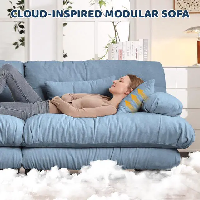 Alt view image 5 of 7 - Cloud Couch Sectional Sofa for Living Room, Chenille 2 Seater Sofa with 2 Lumbar pillows and 2 throw pillows , Upholstered Wide Arm Sofa with Convertible Ottoman,Chenille Blue