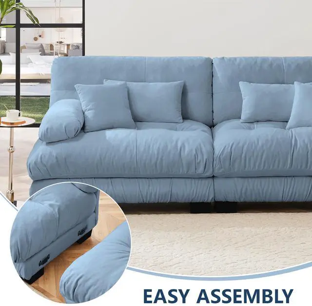 Alt view image 7 of 7 - Cloud Couch Sectional Sofa for Living Room, Chenille 2 Seater Sofa with 2 Lumbar pillows and 2 throw pillows , Upholstered Wide Arm Sofa with Convertible Ottoman,Chenille Blue