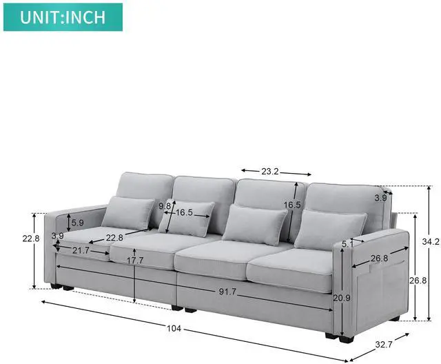 Alt view image 2 of 7 - [VIDEO provided] [New] 104" 4-Seater Modern Linen Fabric Sofa with Armrest Pockets and 4 Pillows,Minimalist Style Couch for Living Room, Apartment, Office,3 Colors