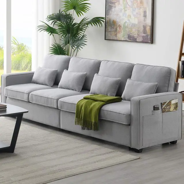 Main image of [VIDEO provided] [New] 104" 4-Seater Modern Linen Fabric Sofa with Armrest Pockets and 4 Pillows,Minimalist Style Couch for Living Room, Apartment, Office,3 Colors