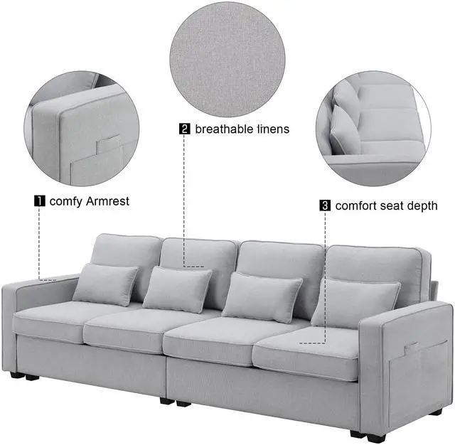 Alt view image 3 of 7 - [VIDEO provided] [New] 104" 4-Seater Modern Linen Fabric Sofa with Armrest Pockets and 4 Pillows,Minimalist Style Couch for Living Room, Apartment, Office,3 Colors