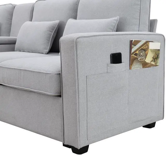 Alt view image 6 of 7 - [VIDEO provided] [New] 104" 4-Seater Modern Linen Fabric Sofa with Armrest Pockets and 4 Pillows,Minimalist Style Couch for Living Room, Apartment, Office,3 Colors