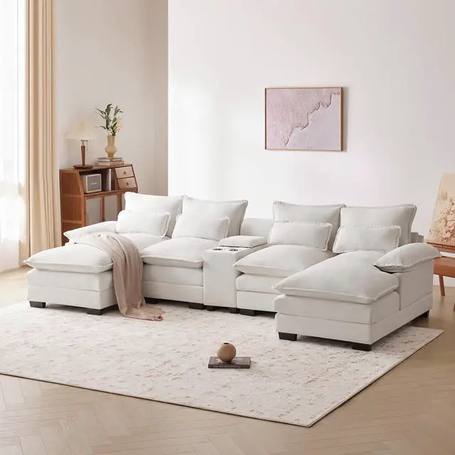 Main image of 123*55" Modern U-shaped Sofa with Console,Cupholders and USB Ports,6-seat Upholstered Symmetrical Indoor Furniture,Sleeper Couch Set with Chaise for Living Room,Apartment,2 Colors