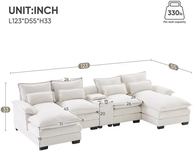 Alt view image 3 of 7 - 123*55" Modern U-shaped Sofa with Console,Cupholders and USB Ports,6-seat Upholstered Symmetrical Indoor Furniture,Sleeper Couch Set with Chaise for Living Room,Apartment,2 Colors