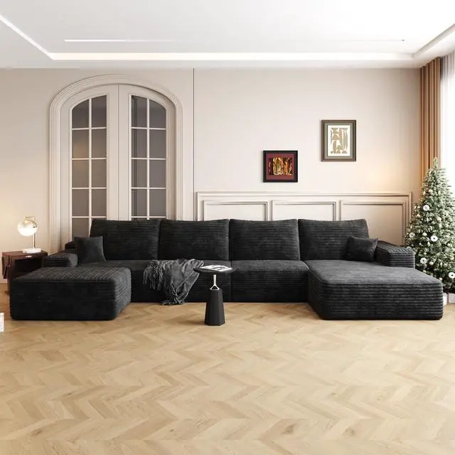 Alt view image 2 of 7 - 135" Cloud Sectional Sofa with 1 Ottoman,Modern Minimalist Upholstered Couches, Comfort U Shaped Sofa for Living Room,Deep Seat Corner Couch,No Assembly Required,Balck (Plush Corduroy Fabric)