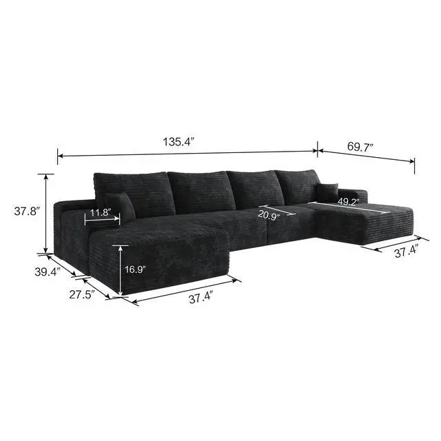 Alt view image 7 of 7 - 135" Cloud Sectional Sofa with 1 Ottoman,Modern Minimalist Upholstered Couches, Comfort U Shaped Sofa for Living Room,Deep Seat Corner Couch,No Assembly Required,Balck (Plush Corduroy Fabric)