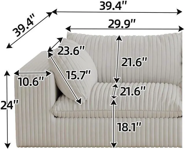 Alt view image 6 of 6 - Cloud Sofa,Corduroy Fabric,Deep Seat Couches,Double-layer design,Removable  Cushion,No Assembly, DIY Combination for Living room, Bedroom,Conference room ,Apartment,White