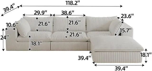 Alt view image 5 of 7 - 118.2" Cloud Sofa,Corduroy Fabric,Deep Seat Couches,Double-layer design,Removable Cushion,No Assembly, DIY Combination for Living room, Bedroom,Conference room ,Apartment,White