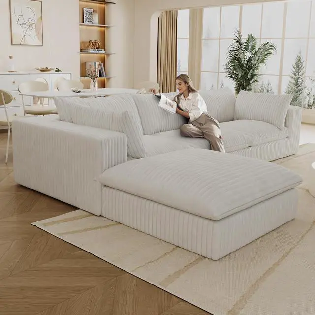 Alt view image 3 of 7 - 118.2" Cloud Sofa,Corduroy Fabric,Deep Seat Couches,Double-layer design,Removable Cushion,No Assembly, DIY Combination for Living room, Bedroom,Conference room ,Apartment,White