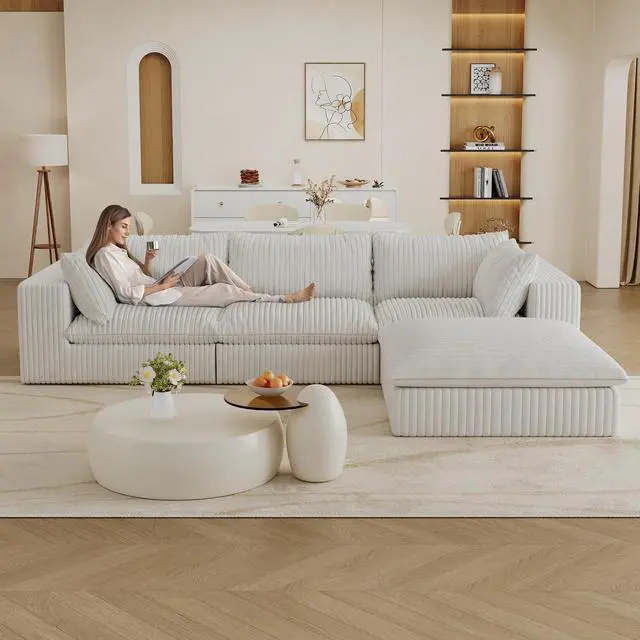 Alt view image 2 of 7 - 118.2" Cloud Sofa,Corduroy Fabric,Deep Seat Couches,Double-layer design,Removable Cushion,No Assembly, DIY Combination for Living room, Bedroom,Conference room ,Apartment,White