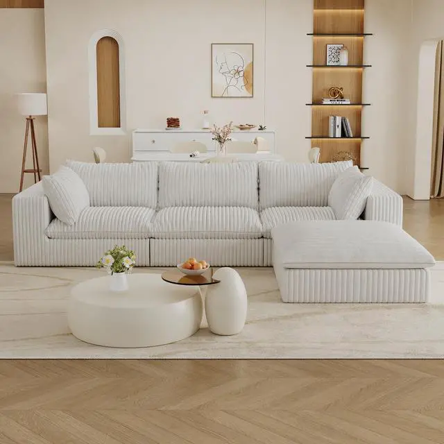 Alt view image 6 of 7 - 118.2" Cloud Sofa,Corduroy Fabric,Deep Seat Couches,Double-layer design,Removable Cushion,No Assembly, DIY Combination for Living room, Bedroom,Conference room ,Apartment,White