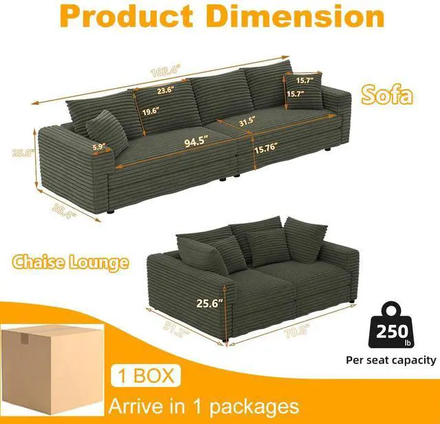 Alt view image 5 of 7 - 102.4 " Plush Corduroy 4-Seat Sofa,Modern Comfy Upholstered Sofa Cloud Couch,Deep Seat Couches with Soft Pillows,Convertible Deep Seat Sofa Lounge Chair for Living Room Bedroom,Apartment,Office,Green