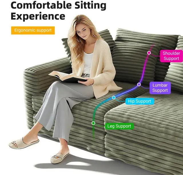 Alt view image 7 of 7 - 102.4 " Plush Corduroy 4-Seat Sofa,Modern Comfy Upholstered Sofa Cloud Couch,Deep Seat Couches with Soft Pillows,Convertible Deep Seat Sofa Lounge Chair for Living Room Bedroom,Apartment,Office,Green