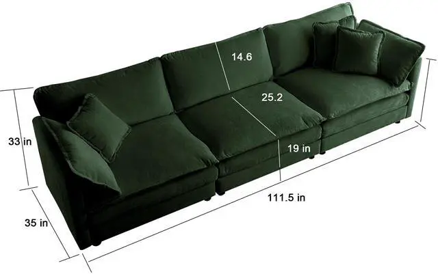 Alt view image 5 of 7 - Mid-Century Modern Couch 3-Seater Sofa with 2 Armrest Pillows and 3 Toss Pillows, Couch for Living Room Green Chenille