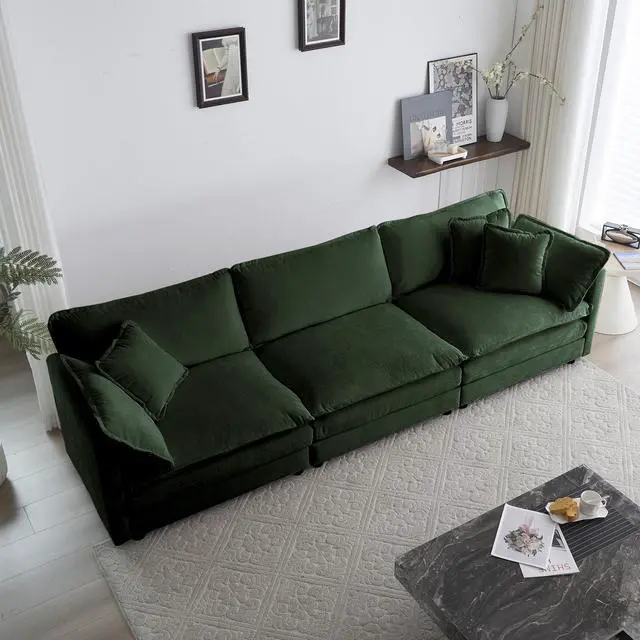 Main image of Mid-Century Modern Couch 3-Seater Sofa with 2 Armrest Pillows and 3 Toss Pillows, Couch for Living Room Green Chenille