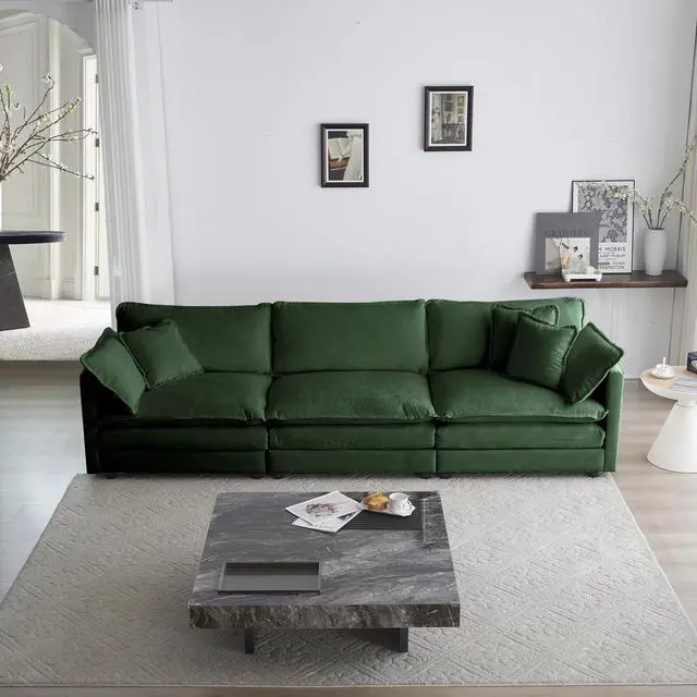 Alt view image 2 of 7 - Mid-Century Modern Couch 3-Seater Sofa with 2 Armrest Pillows and 3 Toss Pillows, Couch for Living Room Green Chenille